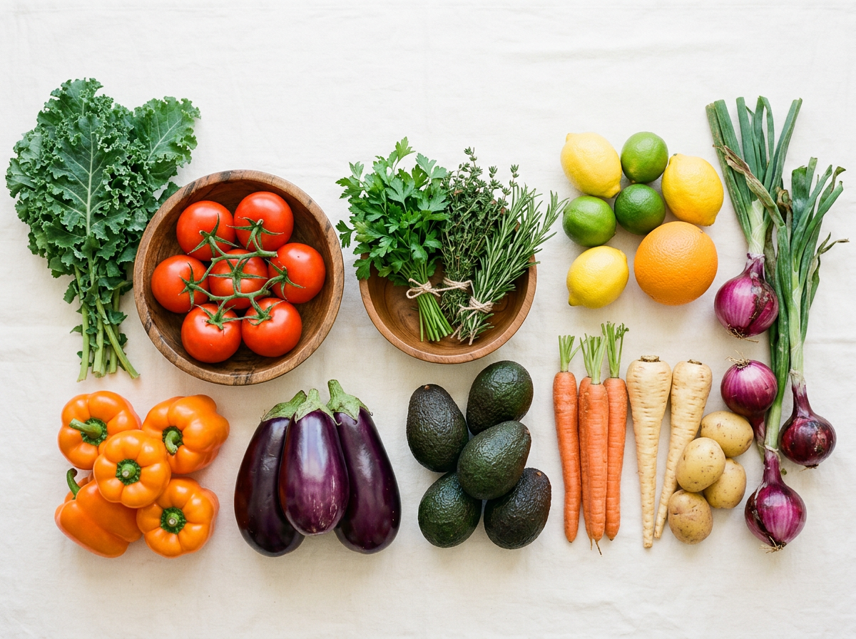 Fresh produce arranged for a smart shopping list