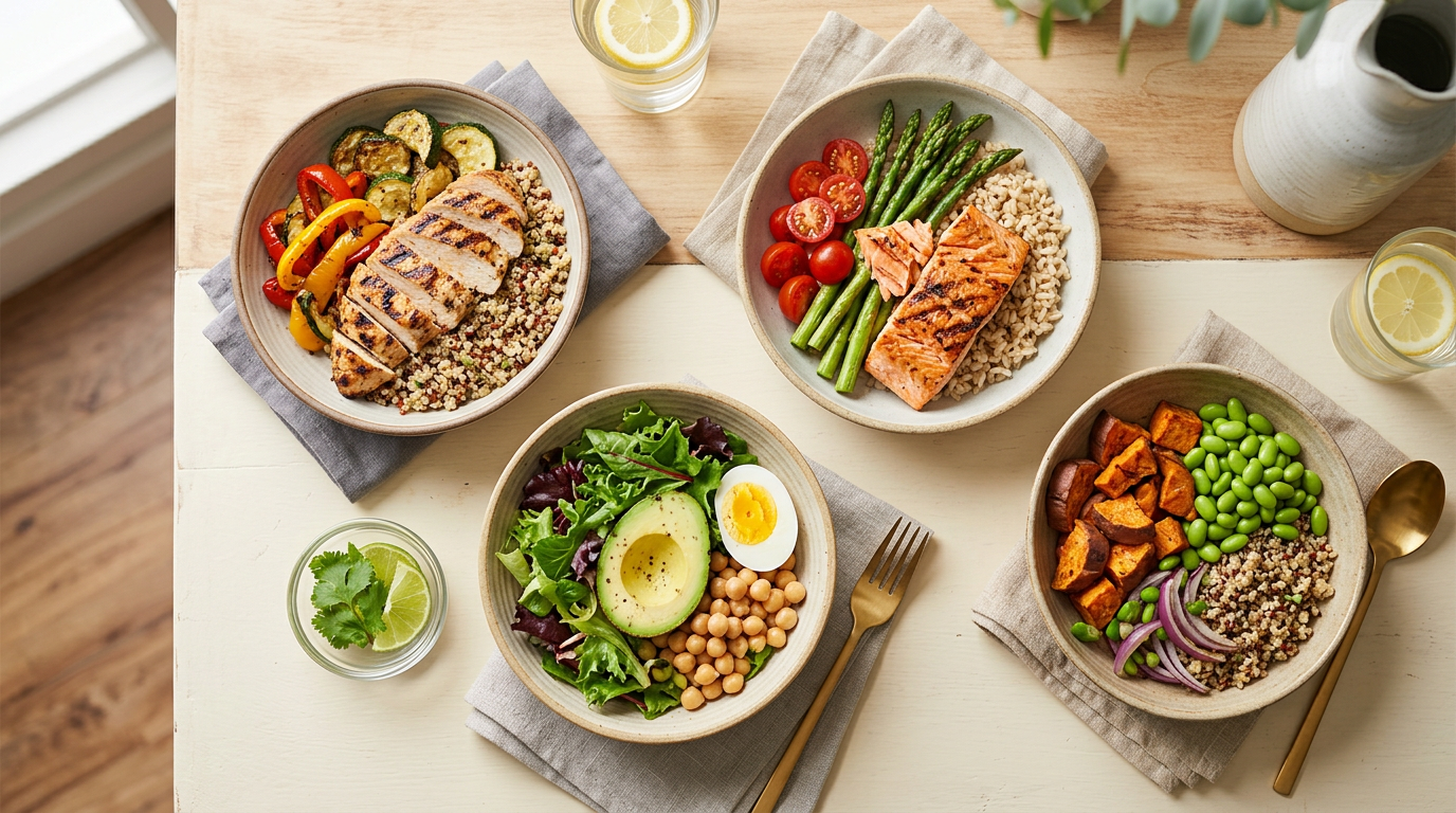 Colorful healthy meal-prep bowls arranged on a table
