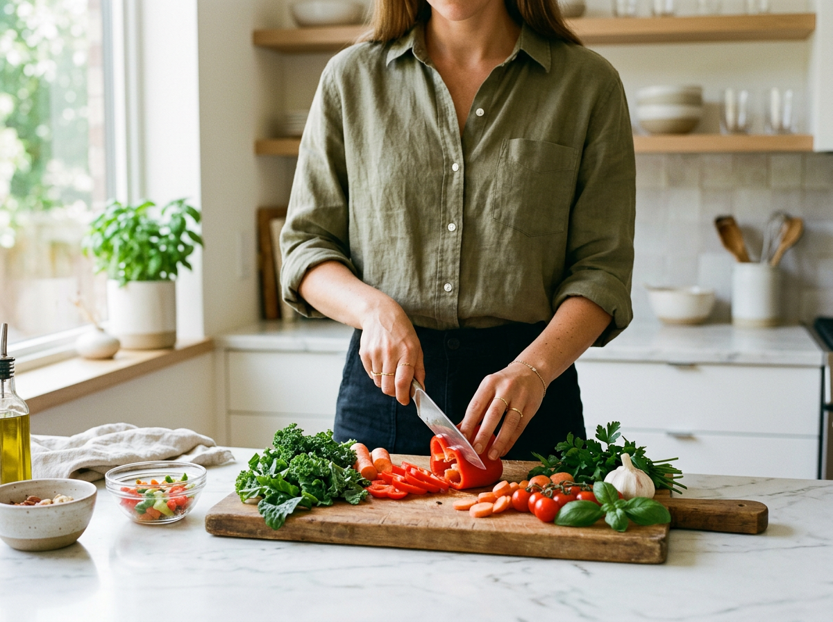 Person preparing a fresh healthy meal in a bright kitchen